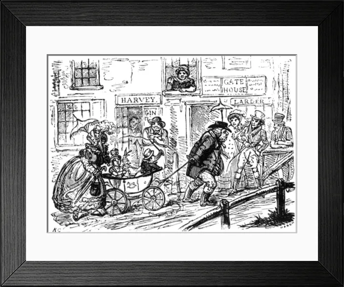 Framed Print : Man pulling pram and children uphill, c. 1820 Framed Print : Man pulling pram and children uphill, c. 1820