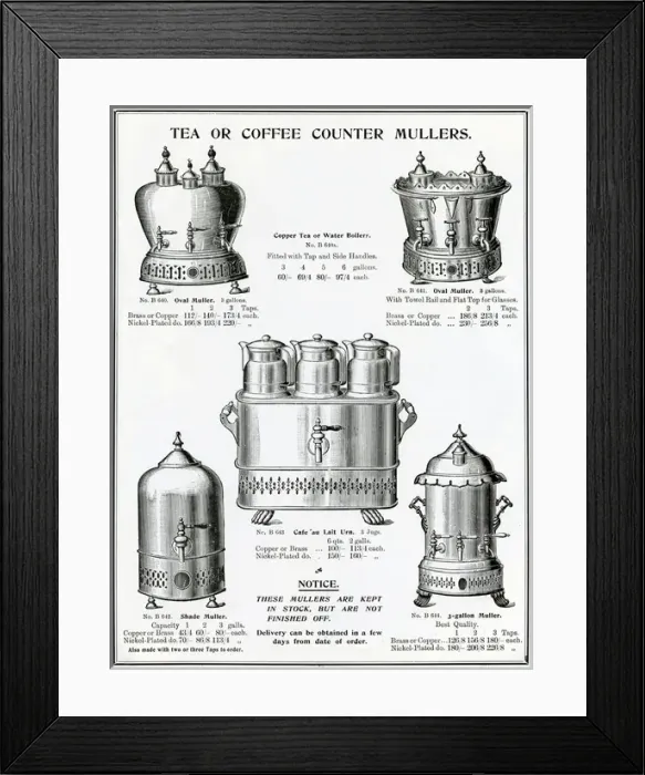 Framed Print : Advert for Mullers tea & coffee dipensers Framed Print : Advert for Mullers tea & coffee dipensers