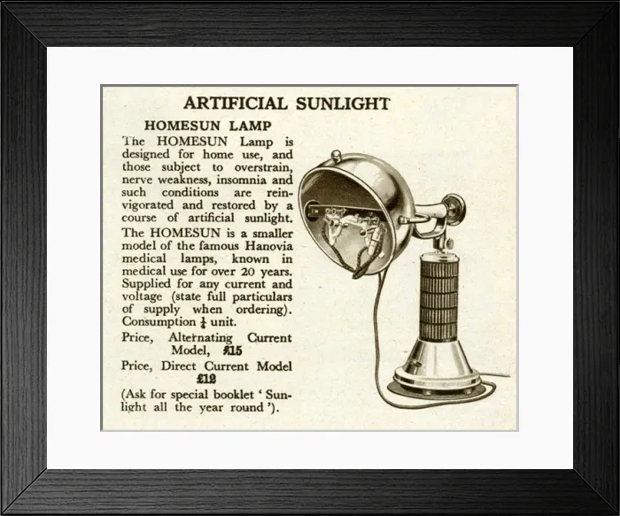 Framed Print : Artificial sunlight lamps 1929 Framed Print : Artificial sunlight lamps 1929