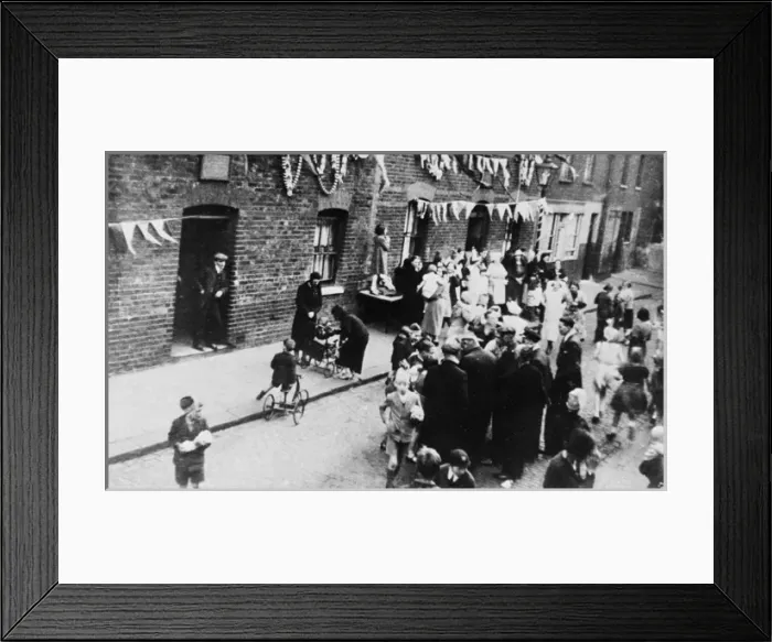 Framed Print : Aerial view, people at a street party with bunting Framed Print : Aerial view, people at a street party with bunting