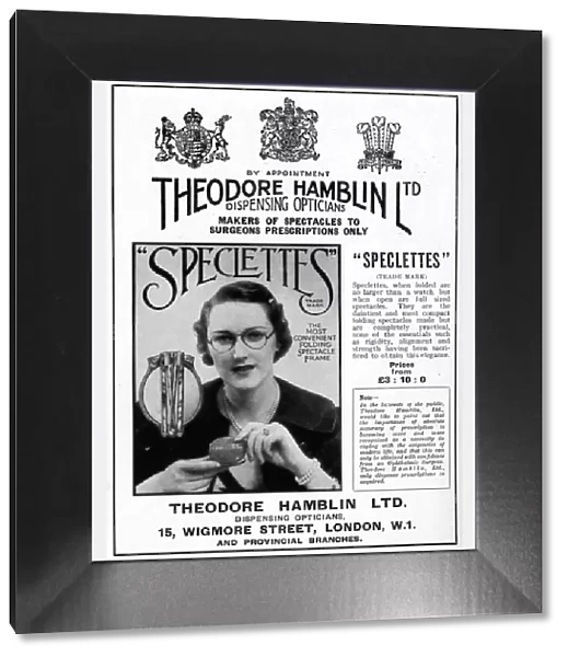 Advert Theodore Hamblin, fold-away spectacles 1937