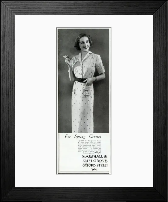 Framed Print : Advert for Marshall & Snelgrove spring cruises frock 1937 Framed Print : Advert for Marshall & Snelgrove spring cruises frock 1937