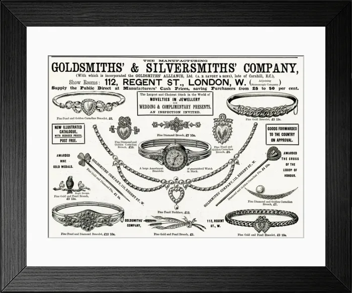 Framed Print : Advert for Goldsmiths & Silversmiths jewellery 1894 Framed Print : Advert for Goldsmiths & Silversmiths jewellery 1894