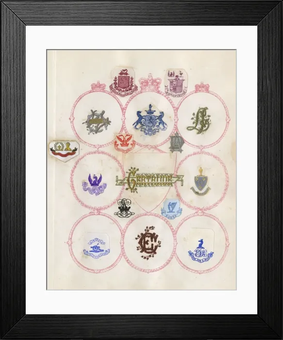Framed Print : Loose page from a scrapbook of crests and heraldry Framed Print : Loose page from a scrapbook of crests and heraldry