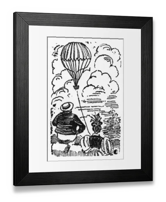 Framed Print : Vignette design, Mexican couple watching a balloon Framed Print : Vignette design, Mexican couple watching a balloon