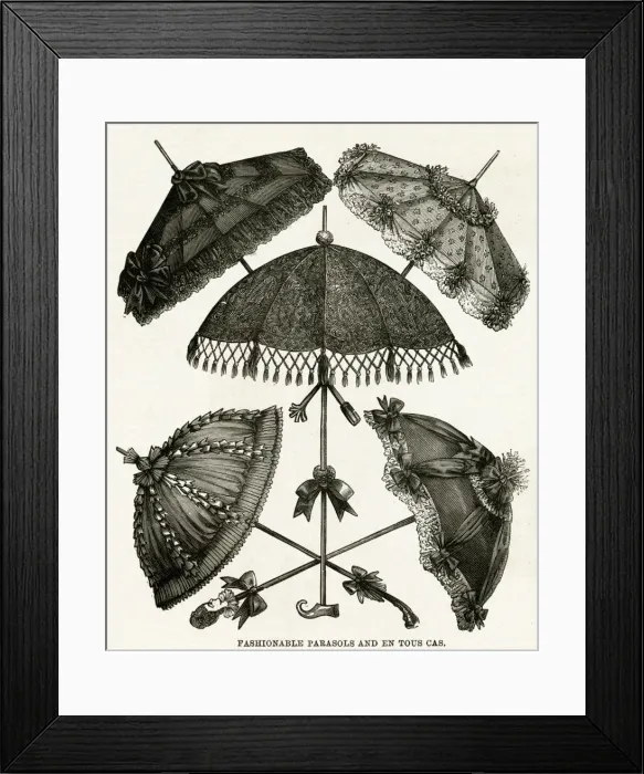 Framed Print : Selection of black Surah parasols 1886 Framed Print : Selection of black Surah parasols 1886