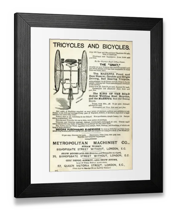 Framed Print : Advertisement, Tricycles and Bicycles Framed Print : Advertisement, Tricycles and Bicycles