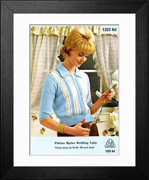 Framed Print : Young woman in a blue and white knitted top Framed Print : Young woman in a blue and white knitted top