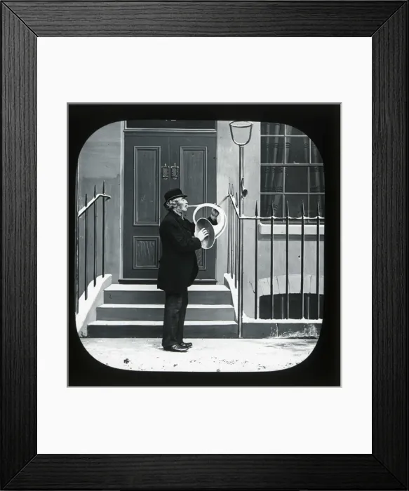 Framed Print : Victorian horn player in a street Framed Print : Victorian horn player in a street