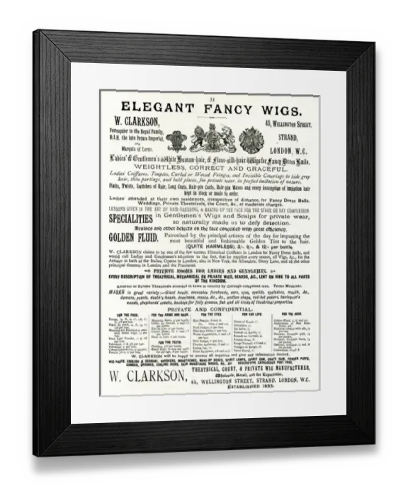 Framed Print : Advertisement, W Clarkson Wig Manufacturer Framed Print : Advertisement, W Clarkson Wig Manufacturer