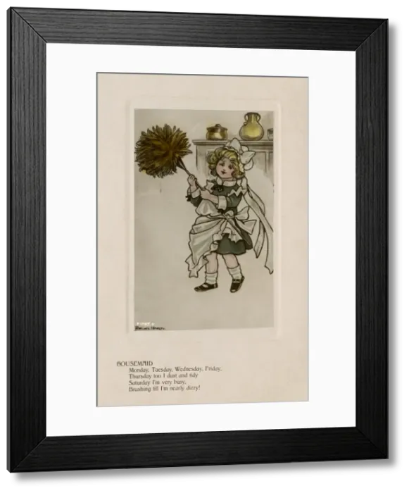 Framed Print : Housemaid. Young girl with a mop dressed in the housemaids clothes Framed Print : Housemaid. Young girl with a mop dressed in the housemaids clothes