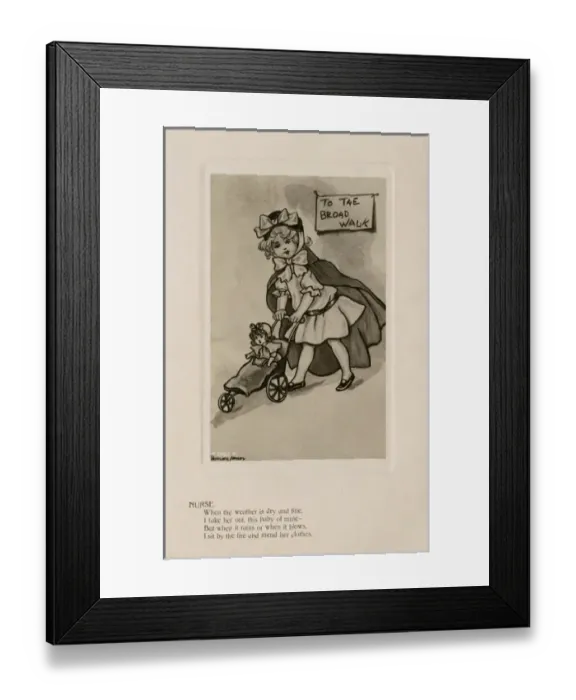 Framed Print : Nurse. Young girl dressed in the nurses uniform pushing her doll in a push-chair Framed Print : Nurse. Young girl dressed in the nurses uniform pushing her doll in a push-chair