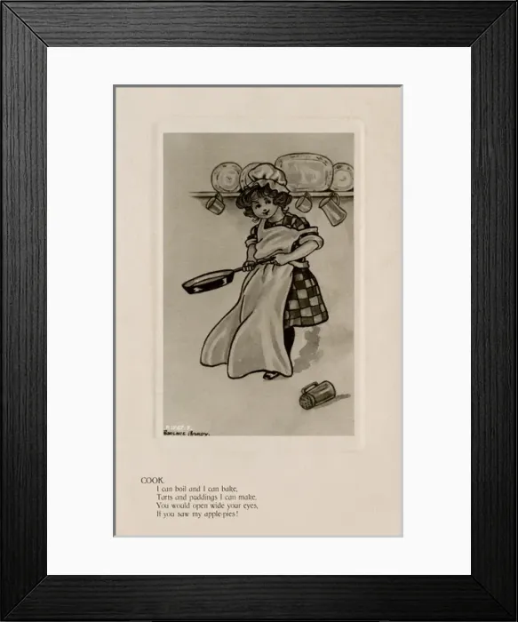 Framed Print : Cook. Young girl dressed in the cooks clothes holding a frying pan Framed Print : Cook. Young girl dressed in the cooks clothes holding a frying pan