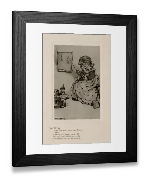 Framed Print : Governess. Young girl dressed as the governess, teaching her dolls to count Framed Print : Governess. Young girl dressed as the governess, teaching her dolls to count