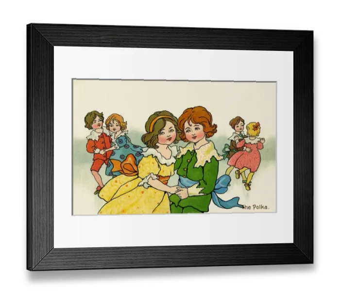 Framed Print : The polka. Three groups of beautiful children in period costume dancing the polka Framed Print : The polka. Three groups of beautiful children in period costume dancing the polka