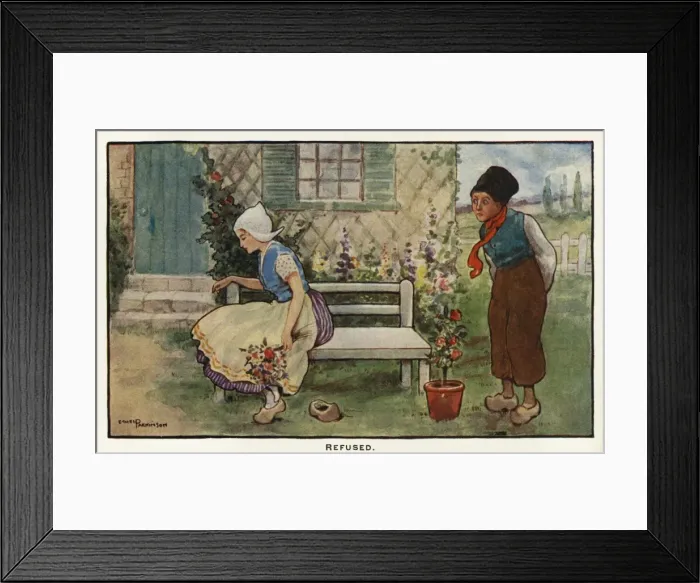 Framed Print : Refused. Dutch girl with a bunch of flowers turns away Framed Print : Refused. Dutch girl with a bunch of flowers turns away