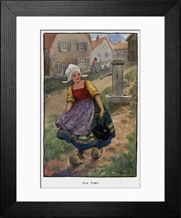 Framed Print : Tea time. Young Dutch girl with a large kettle has just drawn water from the village pump Framed Print : Tea time. Young Dutch girl with a large kettle has just drawn water from the village pump