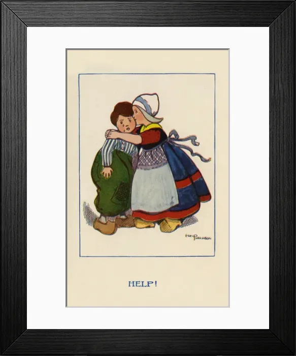 Framed Print : Help. An unwelcome embrace from a pretty Dutch girl. Artist: Ethel Parkinson Date: 1915 Framed Print : Help. An unwelcome embrace from a pretty Dutch girl. Artist: Ethel Parkinson Date: 1915