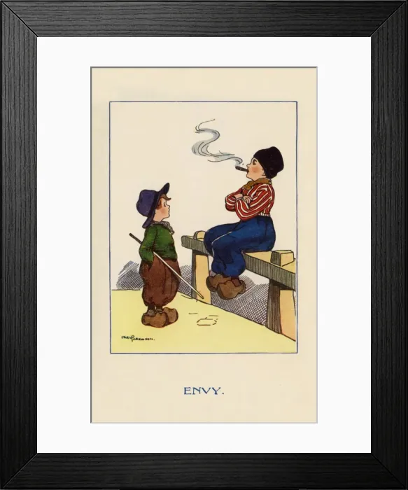 Framed Print : Envy. Young Dutch boy envies a teenager smoking a cigar. Ethel Parkinson Date: 1915 Framed Print : Envy. Young Dutch boy envies a teenager smoking a cigar. Ethel Parkinson Date: 1915