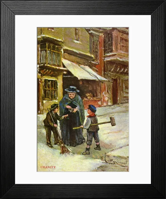 Framed Print : Charity. An old lady gives some coins from her purse to two needy street urchins