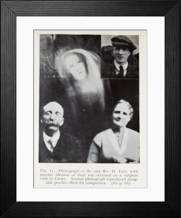 Framed Print : Spirit face in front of 4 men Framed Print : Spirit face in front of 4 men