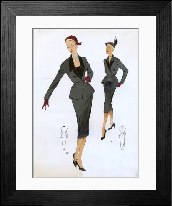 Framed Print : Fashion Plate - 1950s - French - Womens Costume Framed Print : Fashion Plate - 1950s - French - Womens Costume