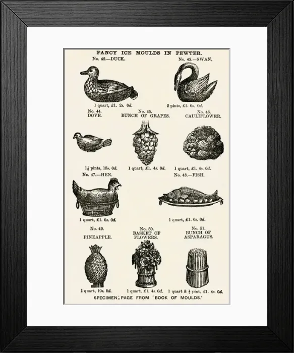 Framed Print : Fancy ice moulds in pewter 1887 Framed Print : Fancy ice moulds in pewter 1887