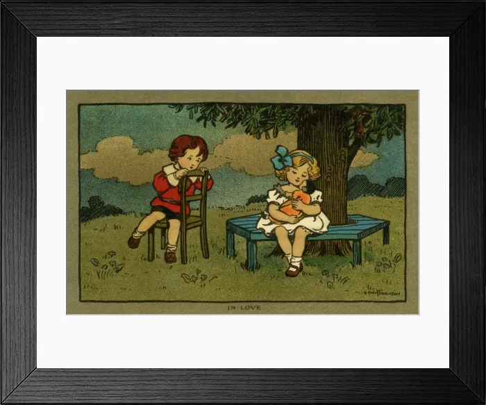 Framed Print : In love. Boy looks on longingly as his girl cuddles her dolly Framed Print : In love. Boy looks on longingly as his girl cuddles her dolly