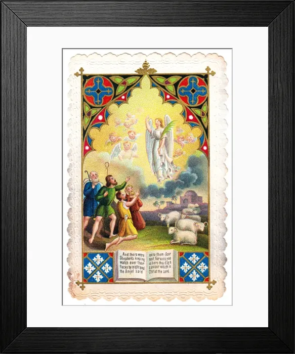 Framed Print : Christmas card with angels and shepherds Framed Print : Christmas card with angels and shepherds