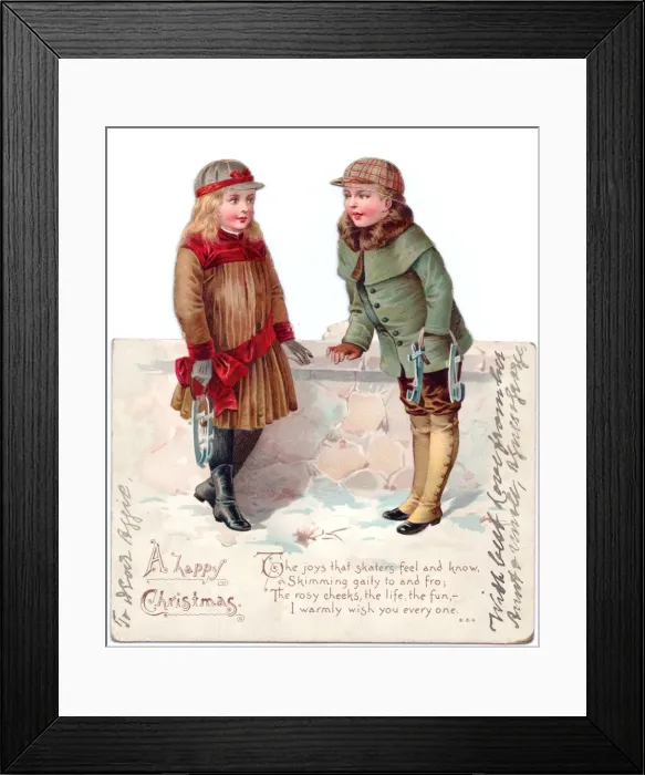 Framed Print : Girl and boy on a reversible Christmas card Framed Print : Girl and boy on a reversible Christmas card