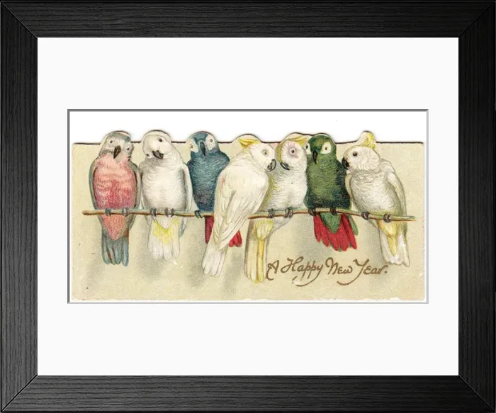 Framed Print : Parrots on a reversible Christmas and New Year card Framed Print : Parrots on a reversible Christmas and New Year card