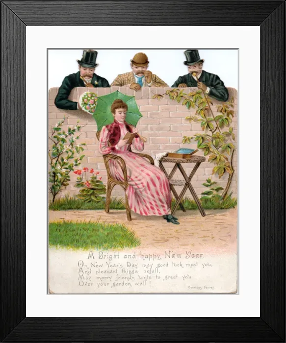 Framed Print : Woman reading on a reversible New Year card Framed Print : Woman reading on a reversible New Year card