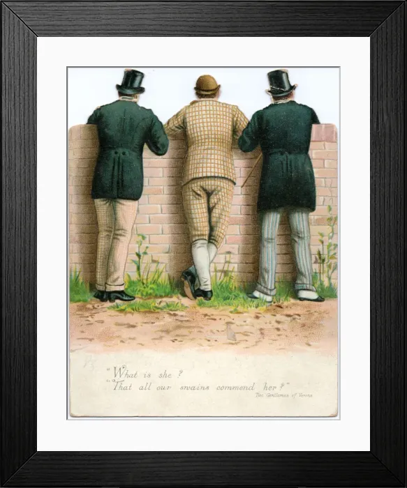 Framed Print : Three men on a reversible New Year card Framed Print : Three men on a reversible New Year card