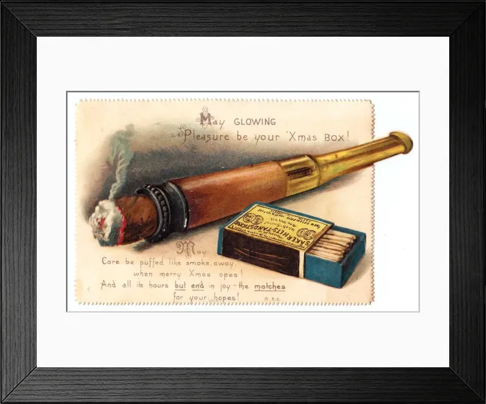 Framed Print : Christmas card with cigar and box of matches Framed Print : Christmas card with cigar and box of matches