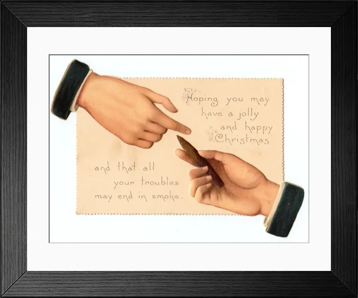 Framed Print : Christmas card with two hands and a cigar Framed Print : Christmas card with two hands and a cigar