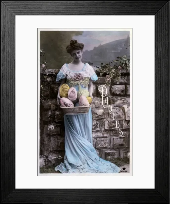 Framed Print : Lady in a blue dress with a basket of Easter eggs Framed Print : Lady in a blue dress with a basket of Easter eggs