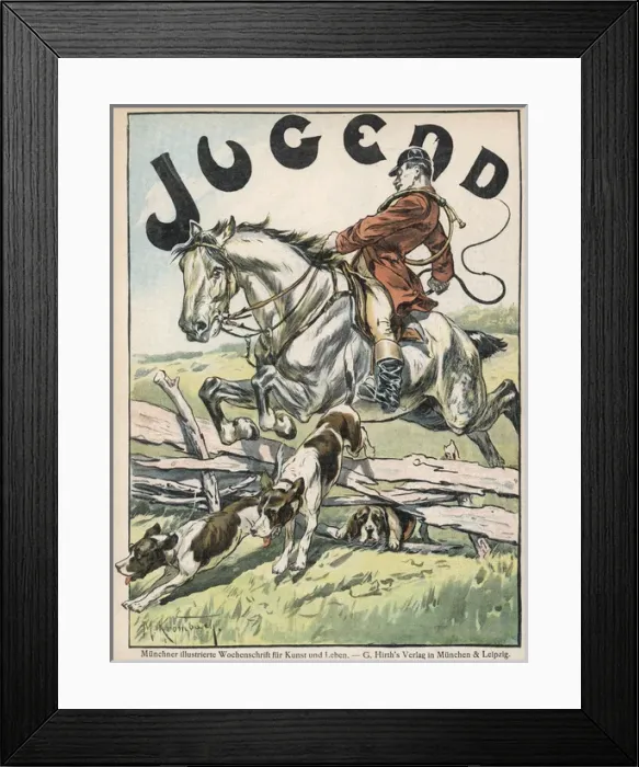 Framed Print : FOXS HUNT. Gentleman on a grey horse takes a fence Date: 1897 Framed Print : FOXS HUNT. Gentleman on a grey horse takes a fence Date: 1897