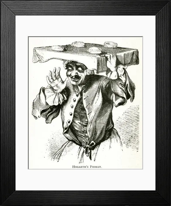 Framed Print : Pieman. Hogarths Pieman, holding a tray with his delicious pies on Framed Print : Pieman. Hogarths Pieman, holding a tray with his delicious pies on