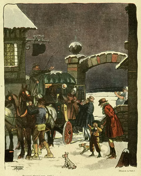 Cartoon, 19th century coach at an inn