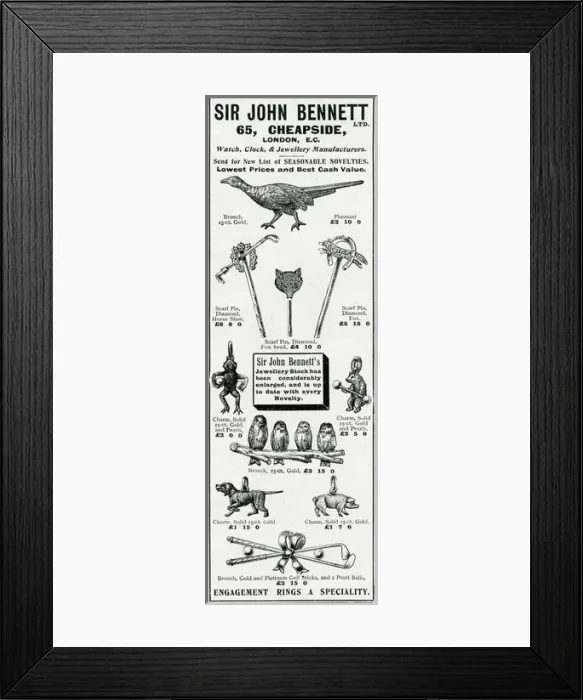 Framed Print : Advert for John Bennett jewellers, novelty jewellery 1905 Framed Print : Advert for John Bennett jewellers, novelty jewellery 1905