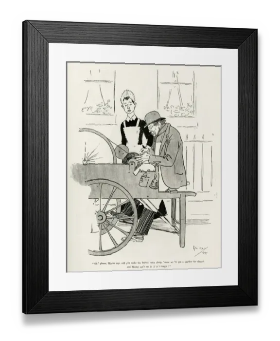 Framed Print : Tinker sharpening a knife for a maid 1894 Framed Print : Tinker sharpening a knife for a maid 1894
