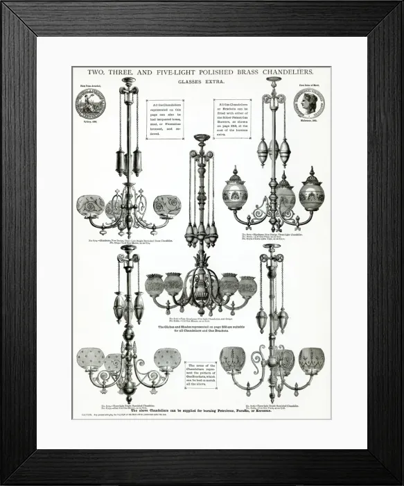 Framed Print : Polished brass and florentine bronzed chandeliers 1881 Framed Print : Polished brass and florentine bronzed chandeliers 1881