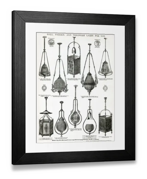 Framed Print : Hall, passage and verandah lamps for gas lighting 1881 Framed Print : Hall, passage and verandah lamps for gas lighting 1881