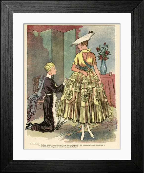 Framed Print : Cartoon, Woman trying on new dress, WW1 Framed Print : Cartoon, Woman trying on new dress, WW1