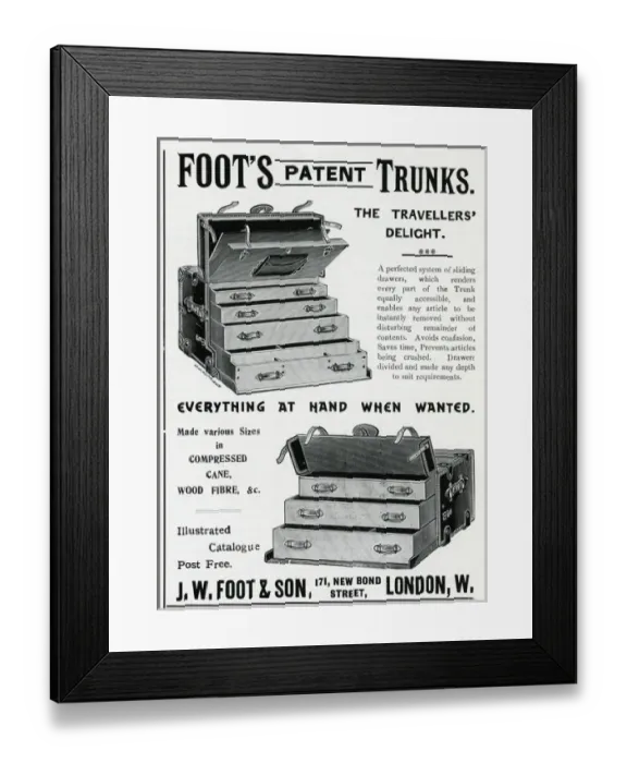 Framed Print : Advert for J. W Foots - Son patent trunks 1898 Framed Print : Advert for J. W Foots - Son patent trunks 1898