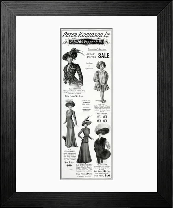 Framed Print : Advert for Peter Robinson winter garments 1909 Framed Print : Advert for Peter Robinson winter garments 1909