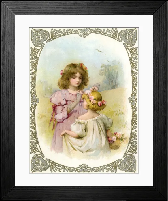Framed Print : Girl Twines Flowers 19C Framed Print : Girl Twines Flowers 19C