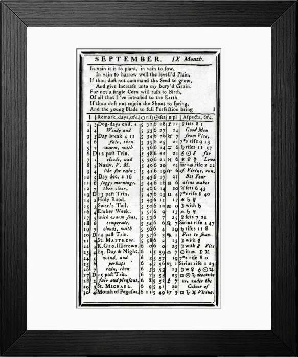 Framed Print : Franklin / Almanack Page Framed Print : Franklin / Almanack Page