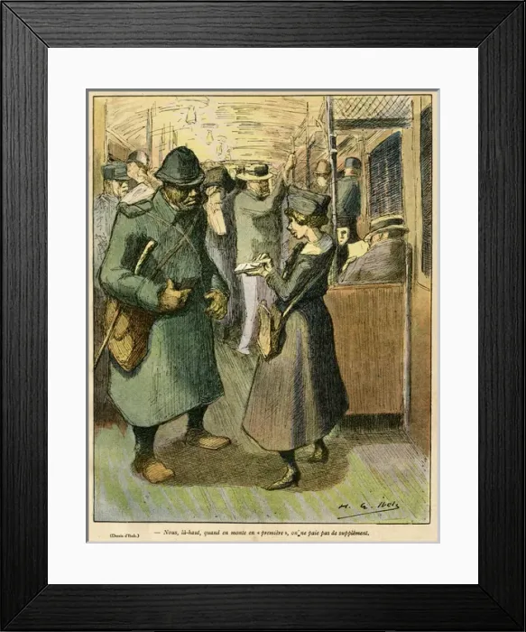 Framed Print : Cartoon, Female worker on Paris Metro, WW1 Framed Print : Cartoon, Female worker on Paris Metro, WW1