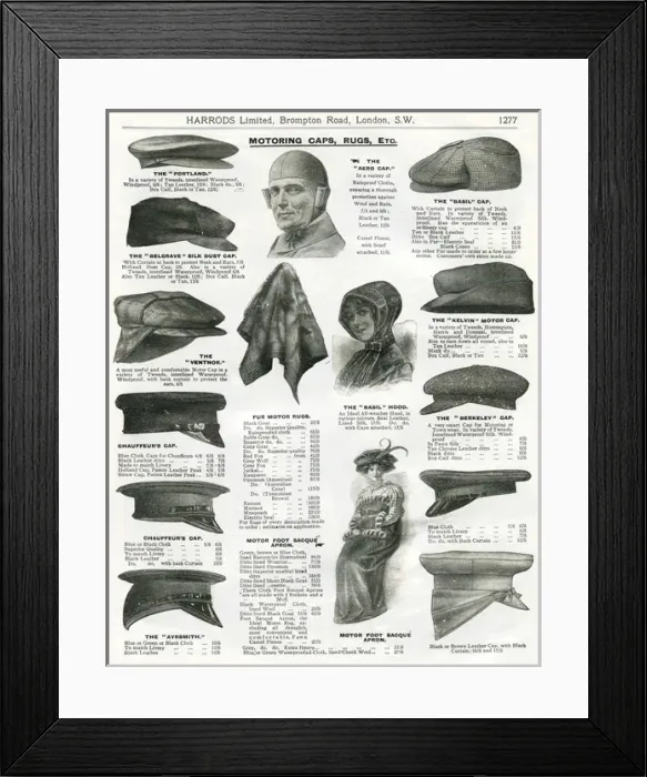 Framed Print : Trade catalogue of motoring caps 1911 Framed Print : Trade catalogue of motoring caps 1911
